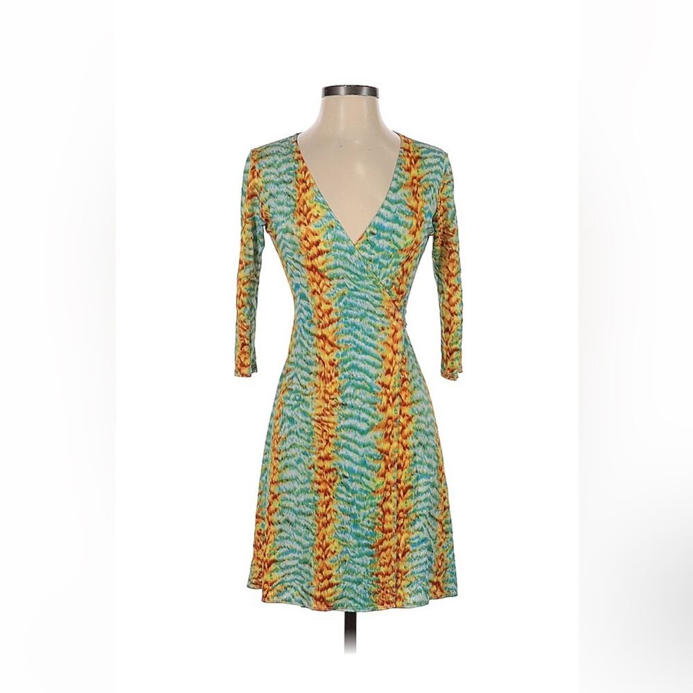 Ducci vibrand yellow, blue, and green‎ patterned wrap dress, size small